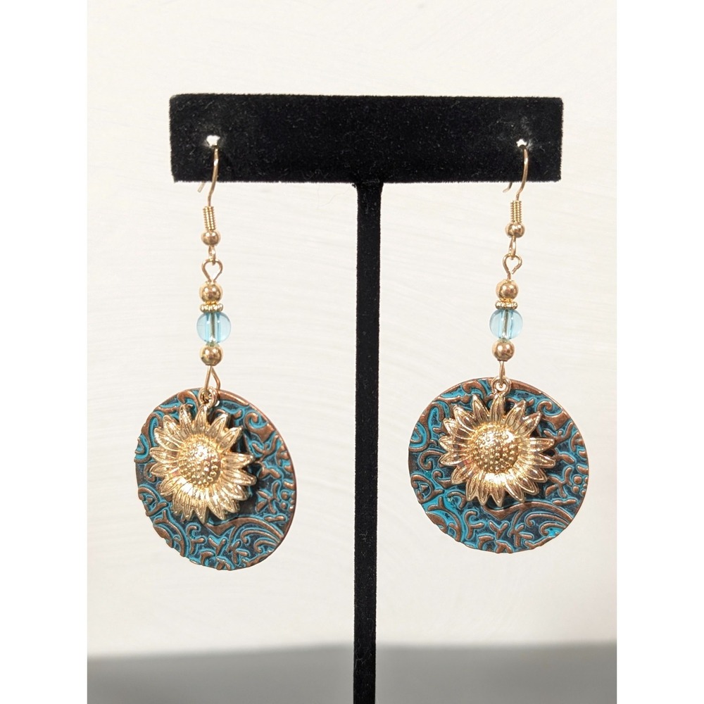 Boho Green Patina Sunflower Dangle Earrings Gold Tone Artisan Festival